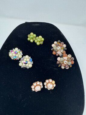 Vintage Japan Clip On Earrings Lot 4 Pairs AB Crystal Faux Pearl